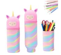 Ueiwffzo Kawaii Unicorn Pencil Case, 2 in 1 Silicone Pencil Case, Stand Up Pencil Case, Aesthetic School Stuff Pen Holder, Cute Unicorn Pencil Case for Students, Adults, pink, Cartoon