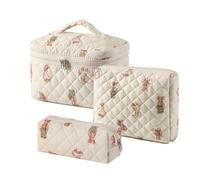 uekeboag 2 pcs Large Floral Quilted Makeup Bag Set for Women, Cotton Quilted Big Cosmetic Bag, Coquette Aesthetic Cute Travel Toiletry Bag, 3Pcs-Bear