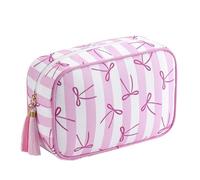 uekeboag Large Canvas Tassel Striped Makeup Bag,Coquette Travel Organizer Cosmetic Bag with Zipper,Toiletry Bag for Toiletries Accessories for Women Girls, 01Pink Bow