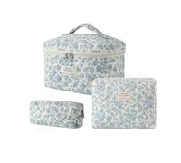 uekeboag Large Quilted Makeup Bag for Women, Floral Cotton Cosmetic Bag, Coquette Aesthetic Floral Toiletry Bag Organizer Bag, 3pcs Light Blue