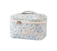 uekeboag Large Travel Quilted Makeup Bag for Women, Cotton Floral Cosmetic Bag, Coquette Aesthetic Toiletry Organizer Bag, Light Blue-Flower