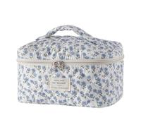uekeboag Large Travel Quilted Makeup Bag for Women, Floral Cotton Cosmetic Bag, Coquette Aesthetic Floral Toiletry Organizer Bag, Little Blue Flower