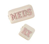 uekeboag Personalized Chenille Letter Patch MEDS Bag,Cute Nylon Drug Medicine Travel Makeup Bag with Zipper, Preppy Vitamin Organizer Bag for Women and Girls, RX+MEDS Beige, Travel