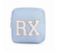 uekeboag Personalized Small Nylon Rx Cosmetic Bag, Cute Chenille Letter Patch Medicine Drug Pouch with Zipper,Preppy Makeup Travel Vitamin Bag for Women and Girls, 02Light Blue, Preppy