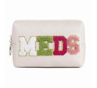 uekeboag PU Leather Preppy Watherproof Makeup Bag with Zipper,Cute Chenille Letter Patches Pink Travel Toiletry Pouch for Women Girls, Daily Use Portable Organizer Cosmetic Bag, 01Beige-Meds, Preppy