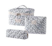 uekeboag Quilted Cotton Makeup Bag,Coquette Quilted Toiletry Bag for Women and Girls,Floral Coquette Pouch,Cute Kawaii Travel Cosmetic Bags, 3Pcs Blue Flower