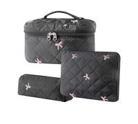 uekeboag Quilted Cotton Makeup Bag,Coquette Quilted Toiletry Bag for Women and Girls,Floral Coquette Pouch,Cute Kawaii Travel Cosmetic Bags, 3Pcs Black Bow