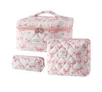 uekeboag Quilted Cotton Makeup Bag,Coquette Quilted Toiletry Bag for Women and Girls,Floral Coquette Pouch,Cute Kawaii Travel Cosmetic Bags, 3Pcs Love Bow