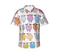 UENFFKDAP Cute Colorful Sheep Cartoon Pattern Men's Hawaiian Shirts, Fashionable Beach Casual Men's Short Sleeves, Summer Shirts Black