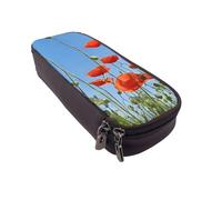 UENFFKDAP Poppies On Blue Leather Pencil Case, Student Pencil Case, Zipper Pencil Case. Suitable for Schools and Offices, Unisex.