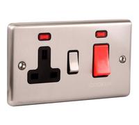 UEP Windsor 45Amp Cooker Switch With Socket Brushed Steel Black Trim