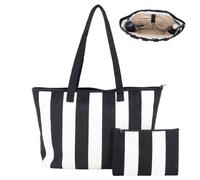 UERRUAM Tote Bag for Women with Laptop Compartment and Cup Holders,Corduroy Shoulder Purse for Work,Gym,College,Travel,Beach, Black and White Stripe, L