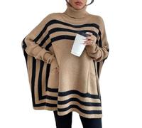 UERSJWYSO Knitted Poncho Sweaters for Women Autumn Winter Striped Turtleneck Pullover Batwing Sleeves Oversized Sweater,Khaki,L