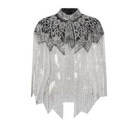 UERSJWYSO Women's Sparkly Rhinestone Shawls Heavy-Crafted Mesh Beaded Tassel Luxury Wedding Cape Tops for Evening Party,Silver,One Size