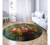 UERWOWELL 180cm Round Rug Vibrant Daisy Print Indoor Carpets for Restaurant Bedroom Washable Low Pile Colorful Flower Art Home Decor