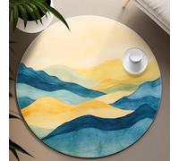 UERWOWELL Abstract Wave Thin Carpet 90cm - Blue and Yellow Mountain Pattern Round Rugs Washable Study Room Library Museum Flow Lines Art Decor
