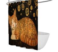 UERWOWELL Art Nouveau Bathroom Curtain Cute Dormant Kitten Golden Spirals Pattern Shower Curtain for Washroom Washable Polyester Fabric Black W120xL200 cm