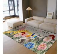 UERWOWELL Asian Peacock Office Rug 150x240cm Chinese Peony Flower Carpets Wealth Attracting Style Non Slip Low Pile Floor Mat for Living Room Decor