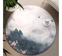 UERWOWELL Asian Style Round Rugs Pink Cherry Blossom Ink Painting Mountains Landscape Thin Circle Carpet for Living Room Office Hallway 160cm