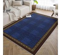 UERWOWELL Blue Plaid Washable Rugs 160x200cm Brown Border Simple Plant Vines Pattern Thin Carpet for Living Room Bedroom Country Style Floor Decor