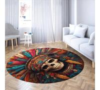 UERWOWELL Boho Art 180cm - Round Rug Aztec Style Colorful Feather Skull Pattern Washable Low Pile Carpet for Living Room Bedroom Day of the Dead Decor