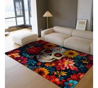 UERWOWELL Boho Floral Area Rug 120x240cm Vibrant Flowers & Sugar Skull Pattern Carpets Washable Cozy Thin Floor Mats for Living Room Bedroom Entry