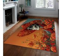 UERWOWELL Boho Floral Area Rug 180x250cm Vibrant Wildflowers Straw Hat Skull Pattern Carpets Washable Low Pile Floor Mats for Day of the Dead Home Decor