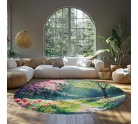 UERWOWELL Boho Floral Round Carpet Cartoon Spring Scene Forest Path and Flowers Cozy Thin Rugs for Bedroom Living Room Reading Nook 90cm