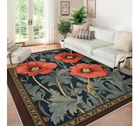 UERWOWELL Boho Floral Washable Rug 160x230cm Green Leaf Red Flower Print Thin Carpets for Study Room Office Country Farmhouse Floor Mat Brown Border