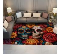 UERWOWELL Boho Style Area Rug 120x180cm Vibrant Floral Folk Art Skull Pattern Carpets Washable Low Pile Floor Mats for Living Room Bedroom Entry