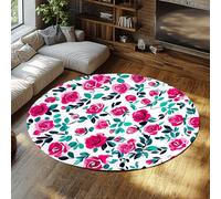 UERWOWELL Boho Style Round Rugs Non Slip Washable Romantic Rose and Green Leaf Pattern Thin Floor Mat for Bedroom Living Room Farmhouse 120cm