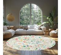 UERWOWELL Cartoon Style Round Rugs Non Slip Washable Boho Floral Small Flowers Pattern Thin Floor Carpet for Bedroom Living Room Kitchen 120cm