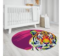 UERWOWELL Colorful Pop Art Round Rug 120cm Wild Animals Handsome Tiger Head Pattern Thin Carpets for Living Room Bedroom Washable Non Slip