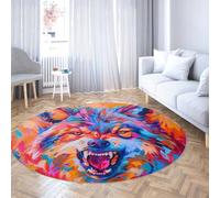 UERWOWELL Colorful Pop Art Round Rug 90cm Wild Animals Roaring Wolf Pattern Thin Carpets for Living Room Bedroom Office Washable Non Slip