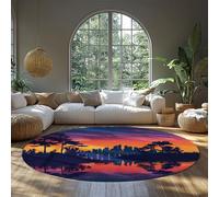 UERWOWELL Colorful Round Rugs 200cm Sunset City Skyline and Trees Silhouettes & Reflections Pattern Thin Circle Carpet for Laundry Room Entry