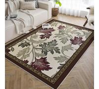 UERWOWELL Country Style Brown Border Rug 200x300cm Red and Green Leaf Print Carpets for Study Room Office Classic Botanical Thin Floor Mat Easy Clean