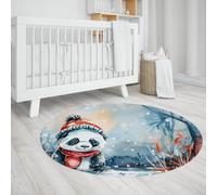 UERWOWELL Cute Panda Round Rugs Cartoon Style Winter Snow Scene Print Thin Carpet for Nursery Room Bedroom Entry Dorm Non Slip Washable 100cm