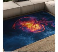 UERWOWELL Deep Blue Floor Rugs 150x210cm Orange Burning Heart Print Low Pile Mat Non Slip Washable Living Room Lounge Modern Abstract Art Home Decor