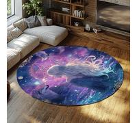 UERWOWELL Dreamy Ocean Round Rug Mysterious Girl and Wolf and Eagle Pattern Gothic Style Thin Circular Carpet for Living Room Bedroom Kitchen 100cm