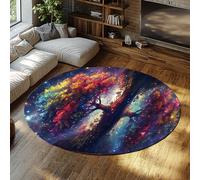 UERWOWELL Dreamy Starry Sky Round Rugs Magical Colorful Tree of Life Water Reflection Pattern Thin Carpet Living Dining Room Bedroom Entrance 120cm