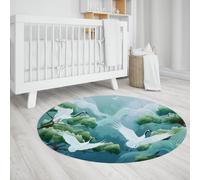 UERWOWELL Elegant Cranes Circular Mat 100cm White Cranes Soaring Among Verdant Pines & Wispy Clouds Print Low Pile Rugs Meditation Room Decor