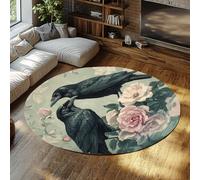 UERWOWELL Elegant Floral Round Rugs Black Ravens & Pink Rose Water Reflection Printed Low Pile Mat 100cm - Whispers Among Blossoms Balcony Decor