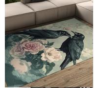 UERWOWELL Elegant Floral Rugs Black Ravens & Pink Rose Water Reflection Printed Washable Low Pile Mat 80x150cm Whispers Among Blossoms Balcony Decor