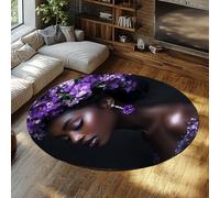 UERWOWELL Elegant Woman Round Rugs Non Slip Thin Purple Floral African Lady Print Carpet for Living Beauty Room Hallway Bathroom Washable 180cm