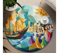 UERWOWELL Fairy Tale Style Round Rugs Color Mosaic Seaside Scene Elegant Girls and Boats Print Thin Floor Carpet for Living Room Bedroom 240cm