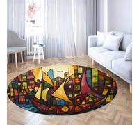 UERWOWELL Fairy Tale Style Round Rugs Colorful Mosaic Seaside Scene and Vintage Sailboat Print Thin Floor Carpet for Living Room Playroom 150cm