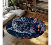 UERWOWELL Fantasy Style Round Rugs Jungle Floral Botanical and Wild Animals Wolf Print Thin Carpet for Living Room Bedroom Non Slip Washable 150cm