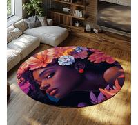 UERWOWELL Fashion Art Low Pile Circle Carpets Vibrant Girl Portrait Flowers & Plants Print Round Rug for Bedroom Living Room Cozy Washable 160cm