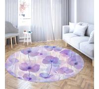 UERWOWELL Fashion Floral Round Rugs Non Slip Washable Purple Transparent Flower Pattern Thin Floor Mat for Bedroom Living Room Sofa Hotel 180cm