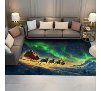 UERWOWELL Green Aurora 80x150cm Area Rug Christmas Holiday Theme Santa Sleigh Reindeers Print Soft Washable Low Pile Carpet for Living Room Bedroom